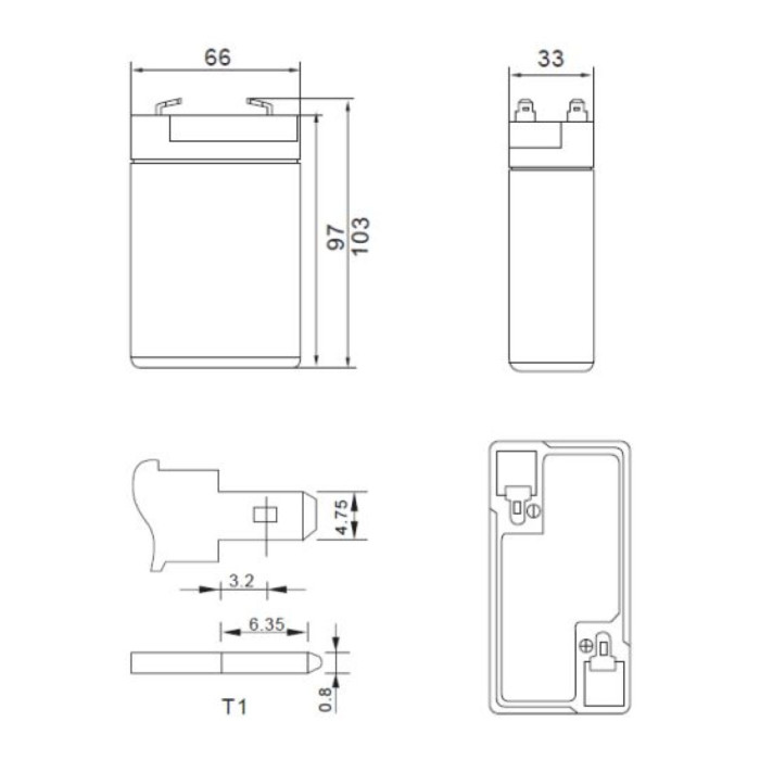 Batteria Al Piombo Ricaricabile AGM Per Servizi 6v 3,2 Ah-(mm) 33x66x
