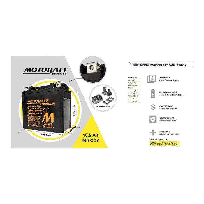 Batteria Potenziata Agm Motobatt 16,5 Ah Mbyz16hd