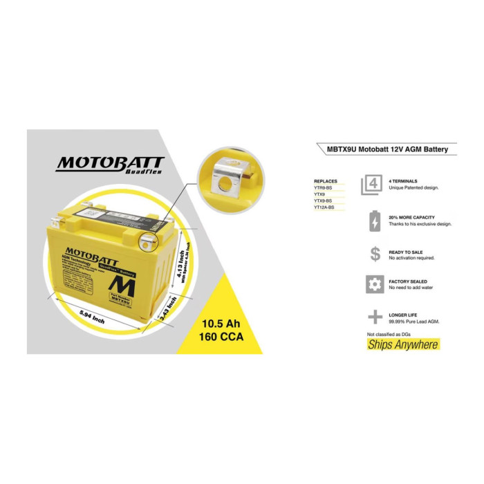 Batteria Potenziata Agm Motobatt 10,5 Ah Mbtx9u