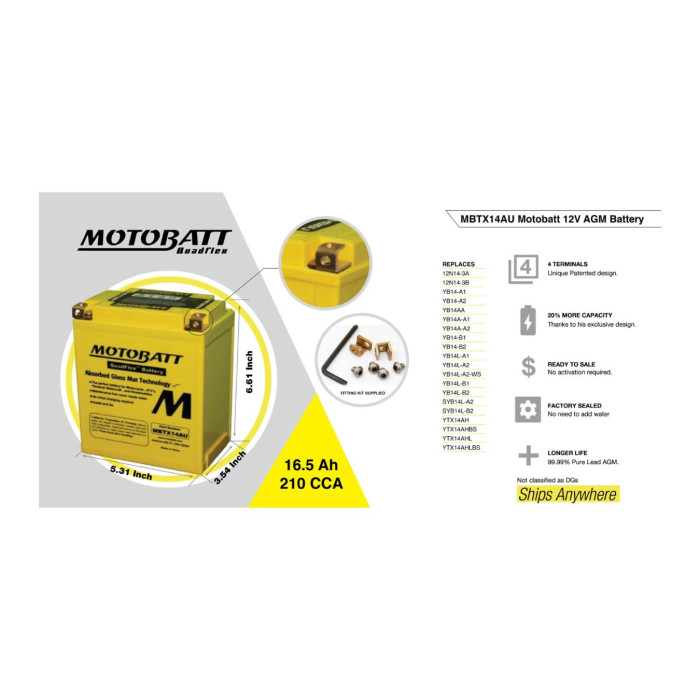 Batteria Potenziata Agm Motobatt 16,5 Ah. Mbtx14au