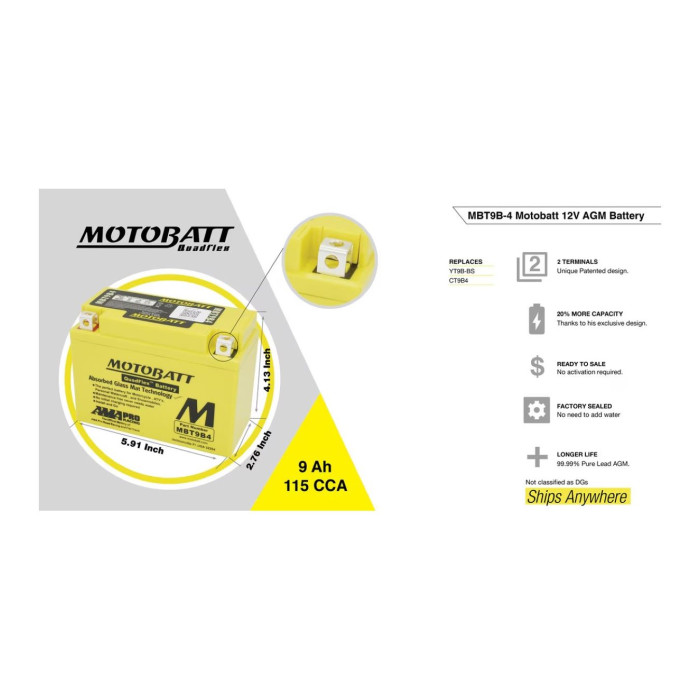 Batteria Potenziata Agm Motobatt 9 Ah Mbt9b4