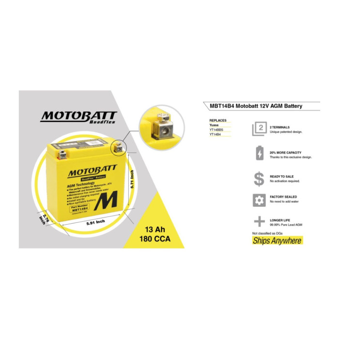 Batteria Potenziata Agm Motobatt 13 Ah Mbt14b4