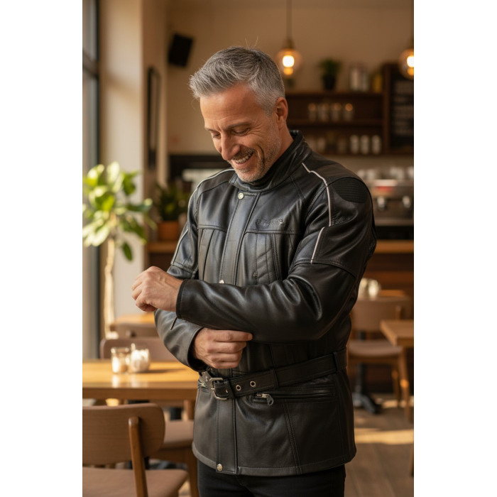 Guardabarros Jofama Leather Chaqueta de cuero estilo británico Cinta y impermeable negra